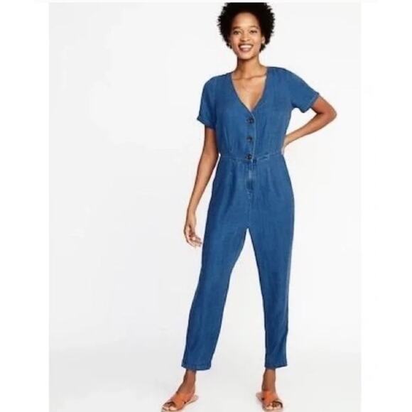 Old Navy Chambray Denim button up Jumpsuit short sleeved size large - Picture 1 of 10